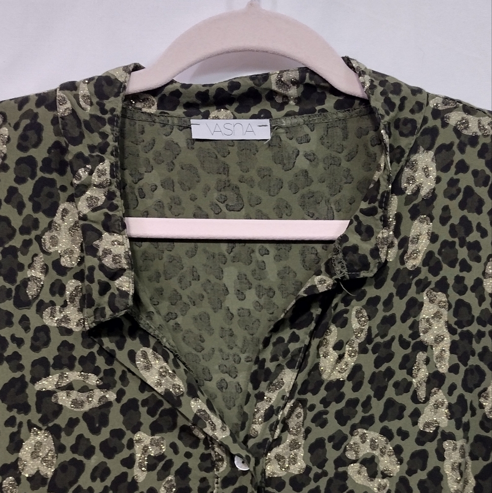 Vasna Animal Print Dress Women's L Green Gold Long Sleeve Retro Boho Italy - Picture 2 of 7